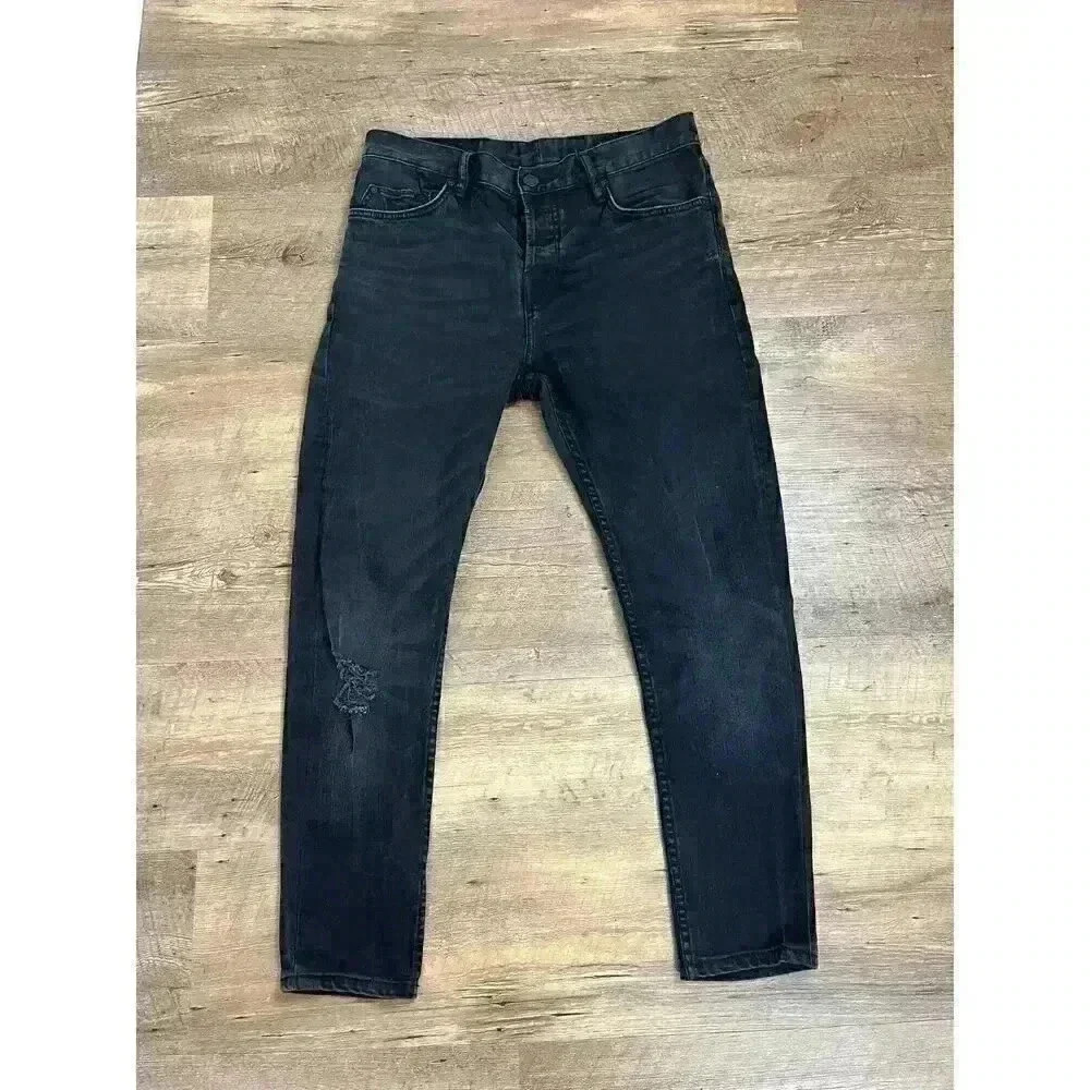AllSaints Cigarette Button Fly Black Jeans Distressed 32 Skinny Leg Grunge
